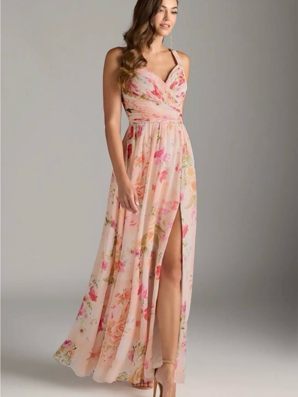 Azazie Chanel Pink Abstract Watercolor Floral Maxi Dress with Side Slit - Picture 2 of 12